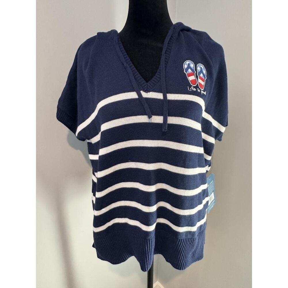 Life Is Good Sweater Womens Large Blue Hooded V Neck Striped Flip Flop Patriotic
